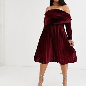 Velvet long sleeve bardot pleated midi dress